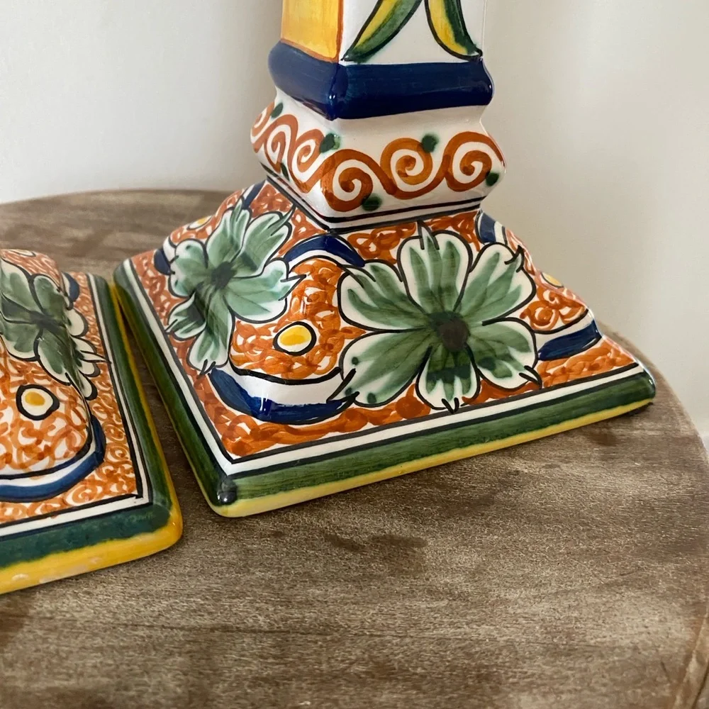 Williams Sonoma Nazari Alhambra Hand Painted Ceramic Candle Holder Pair 10.5”